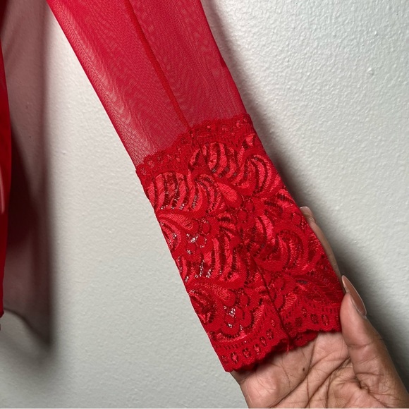 Fantasy Lingerie Women Top One Size Cheery Red Mesh Sheer Embroidered Valentine - Picture 2 of 9